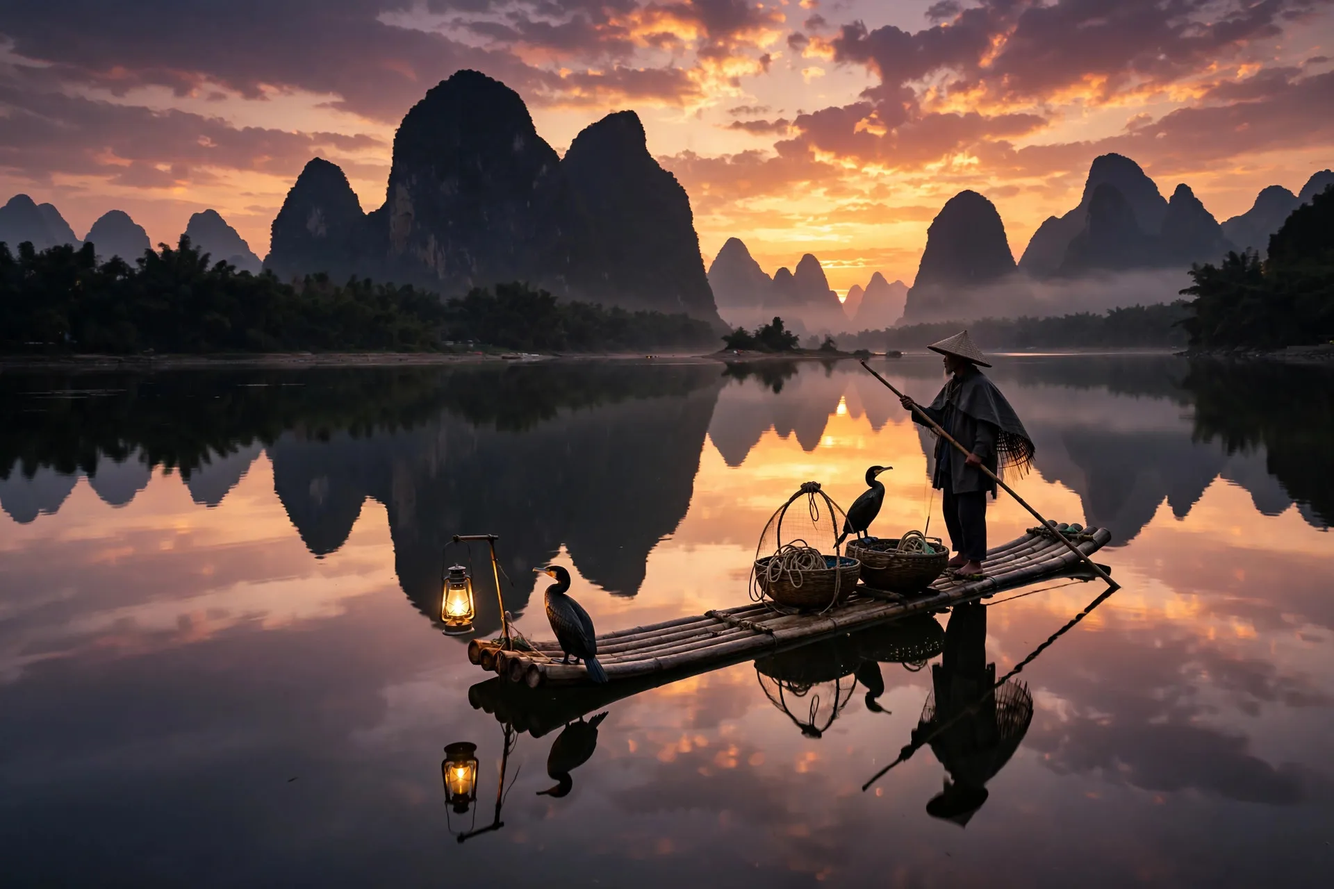 Karst peaks along the Li River at dusk with a fisherman on a bamboo raft