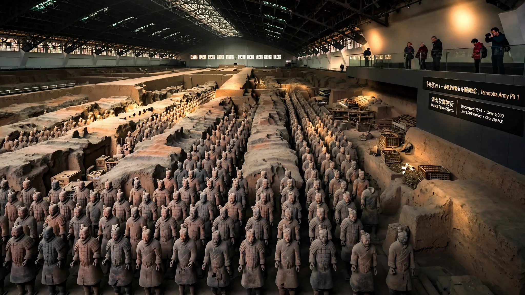 Rows of Terracotta Warriors standing in the excavated pit in Xi’an