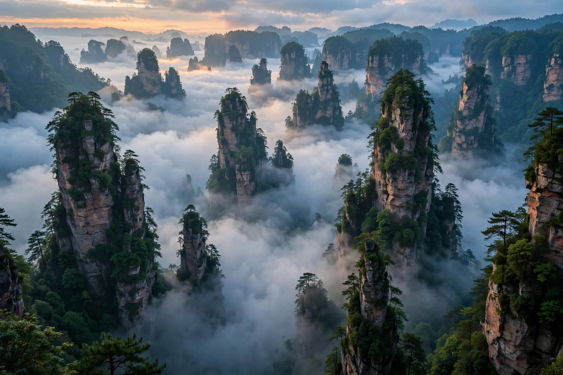 Sandstone pillars of Zhangjiajie rising through a sea of clouds